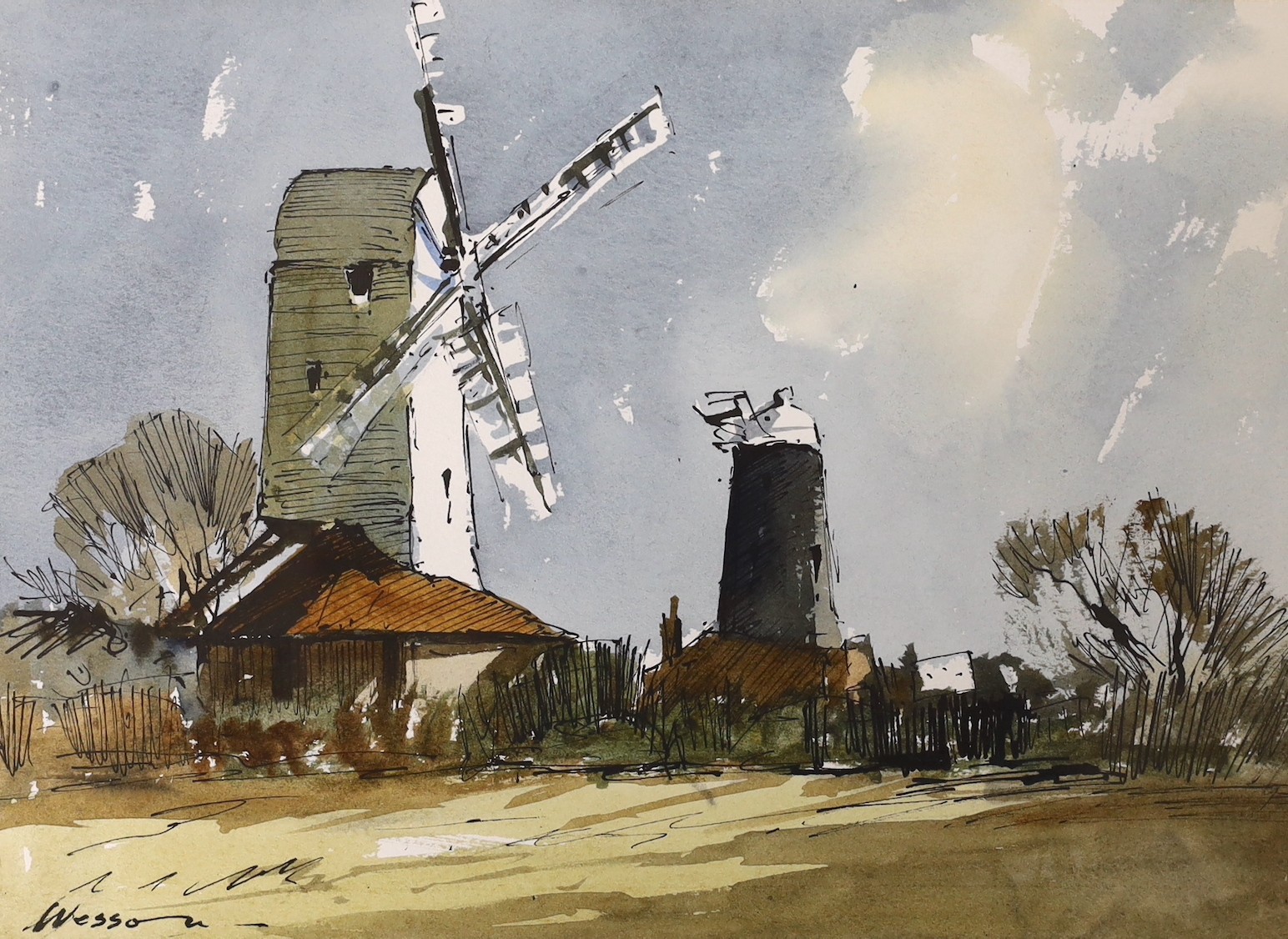 Edward Wesson (1910-1983), ink and watercolour, 'Jack and Jill Mills', Ditchling, signed, 20.5 x 29cm